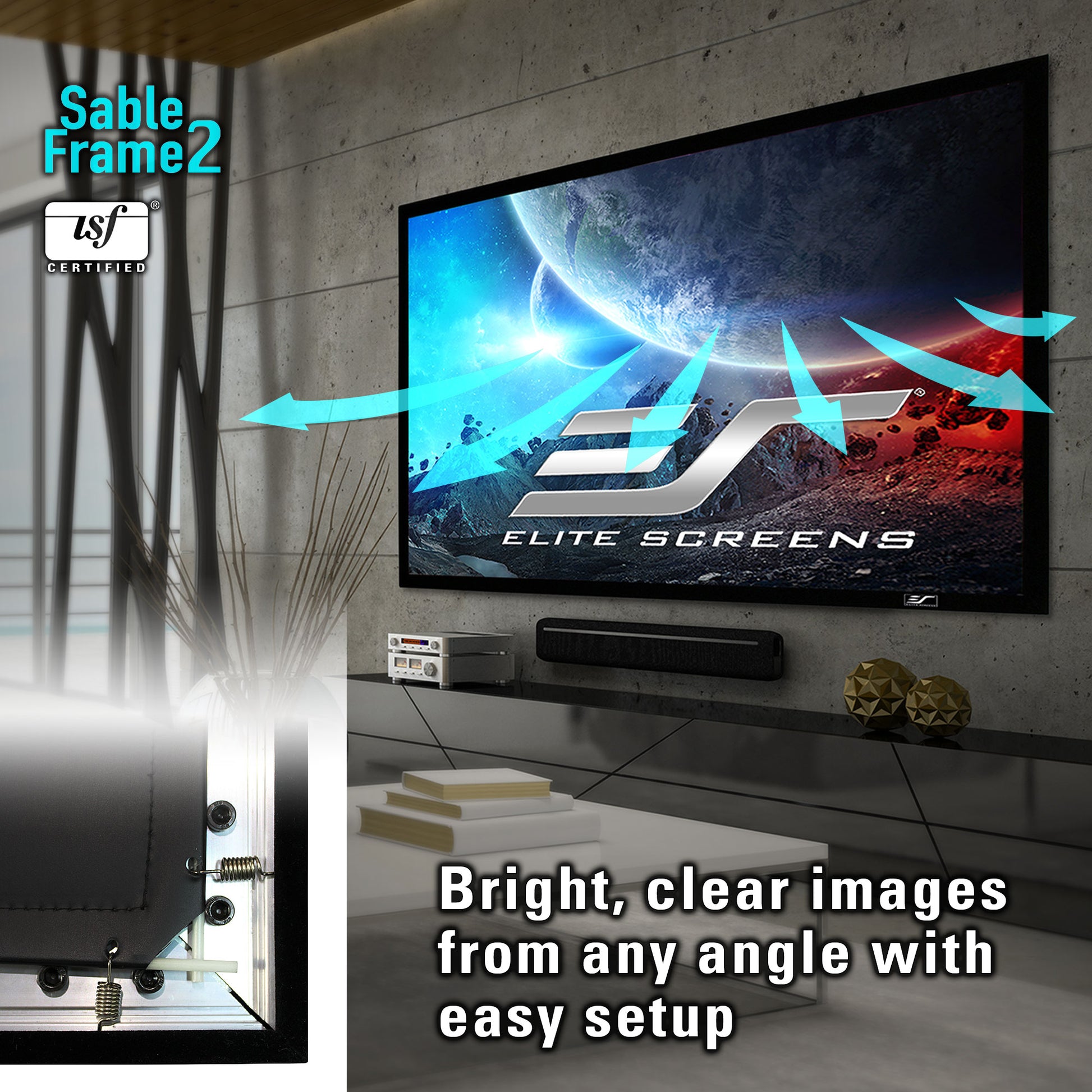 Television screen displaying Elite Screens logo with Sable Frame 2 technology on a wall.