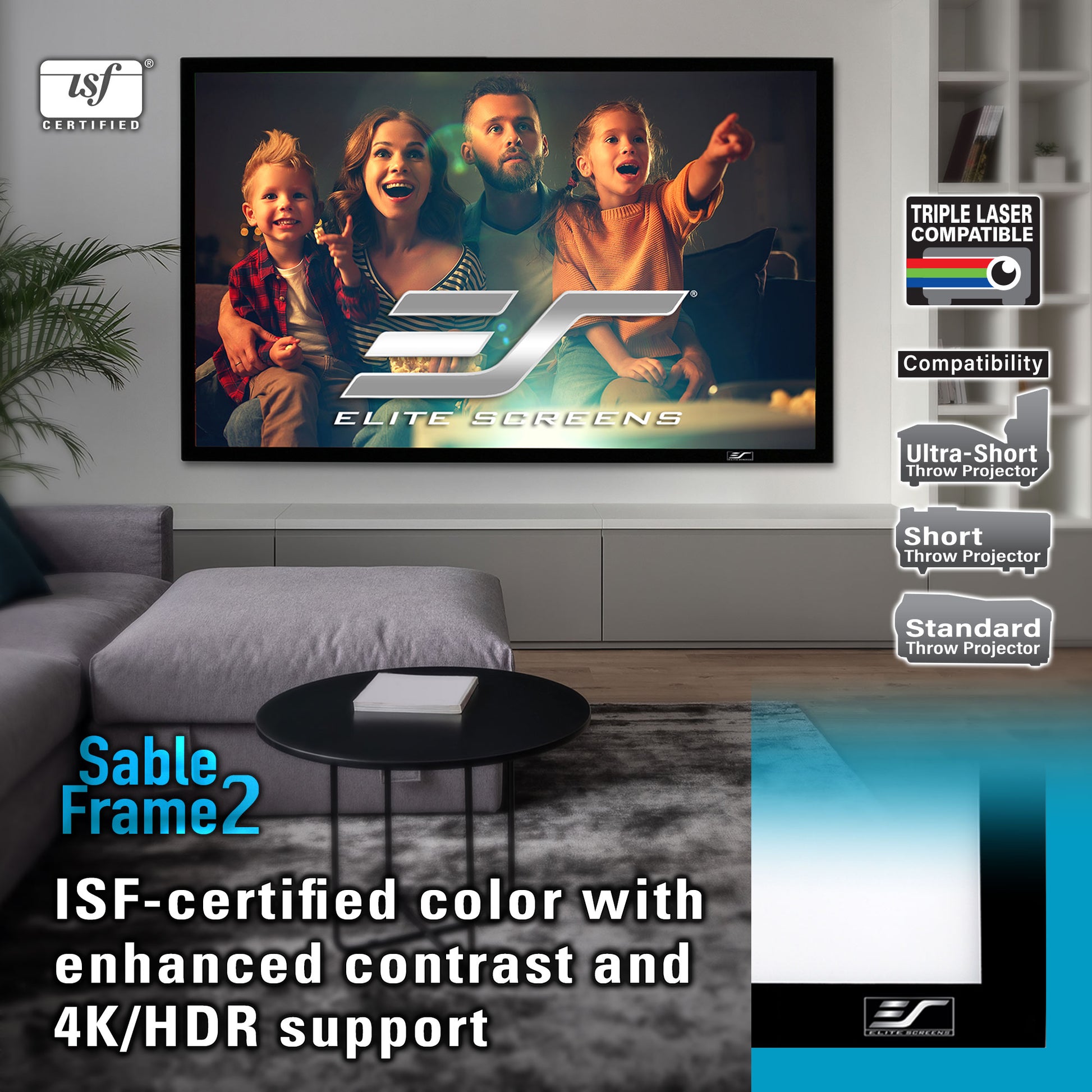 Living room setup with Elite Screens projector screen displaying a family scene, surrounded by product features and certifications.