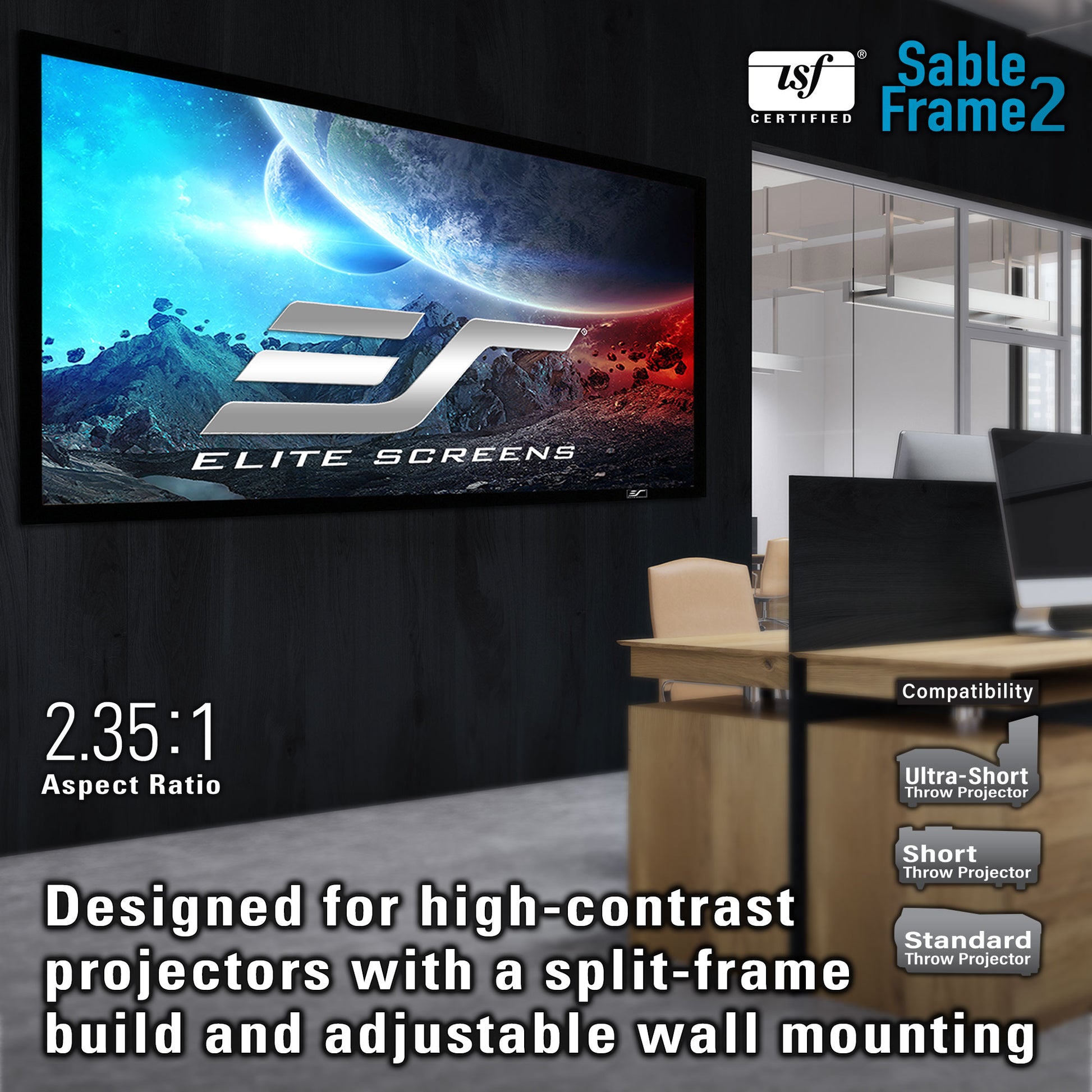 Elite Screens Sable Frame2 projector screen with a room setup and product features displayed.