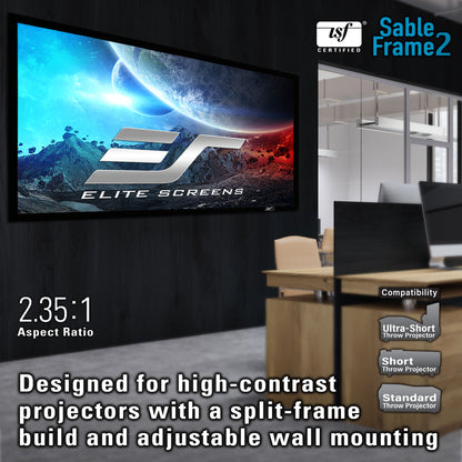 Elite Screens Sable Frame2 projector screen with a room setup and product features displayed.