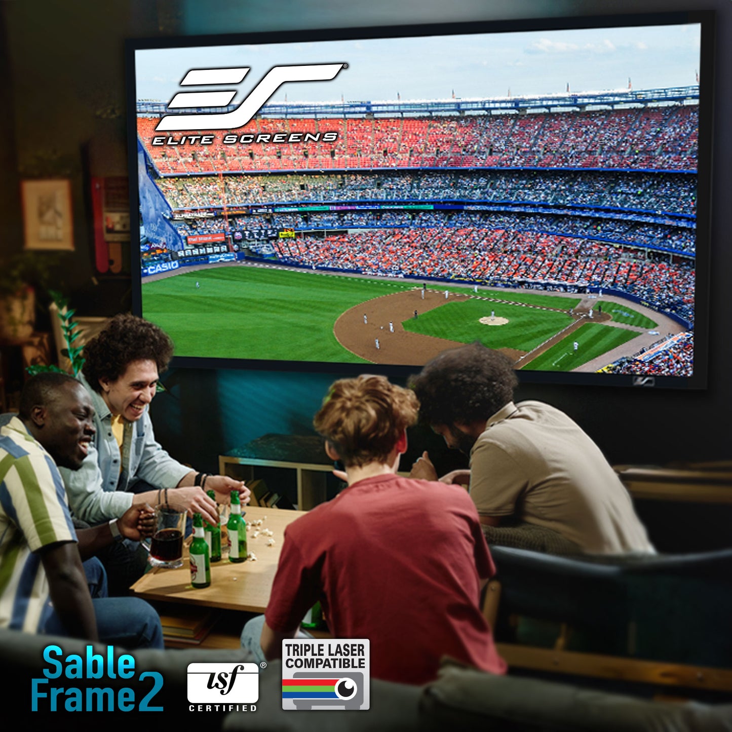 Group of people watching a baseball game on a large screen TV in a room.