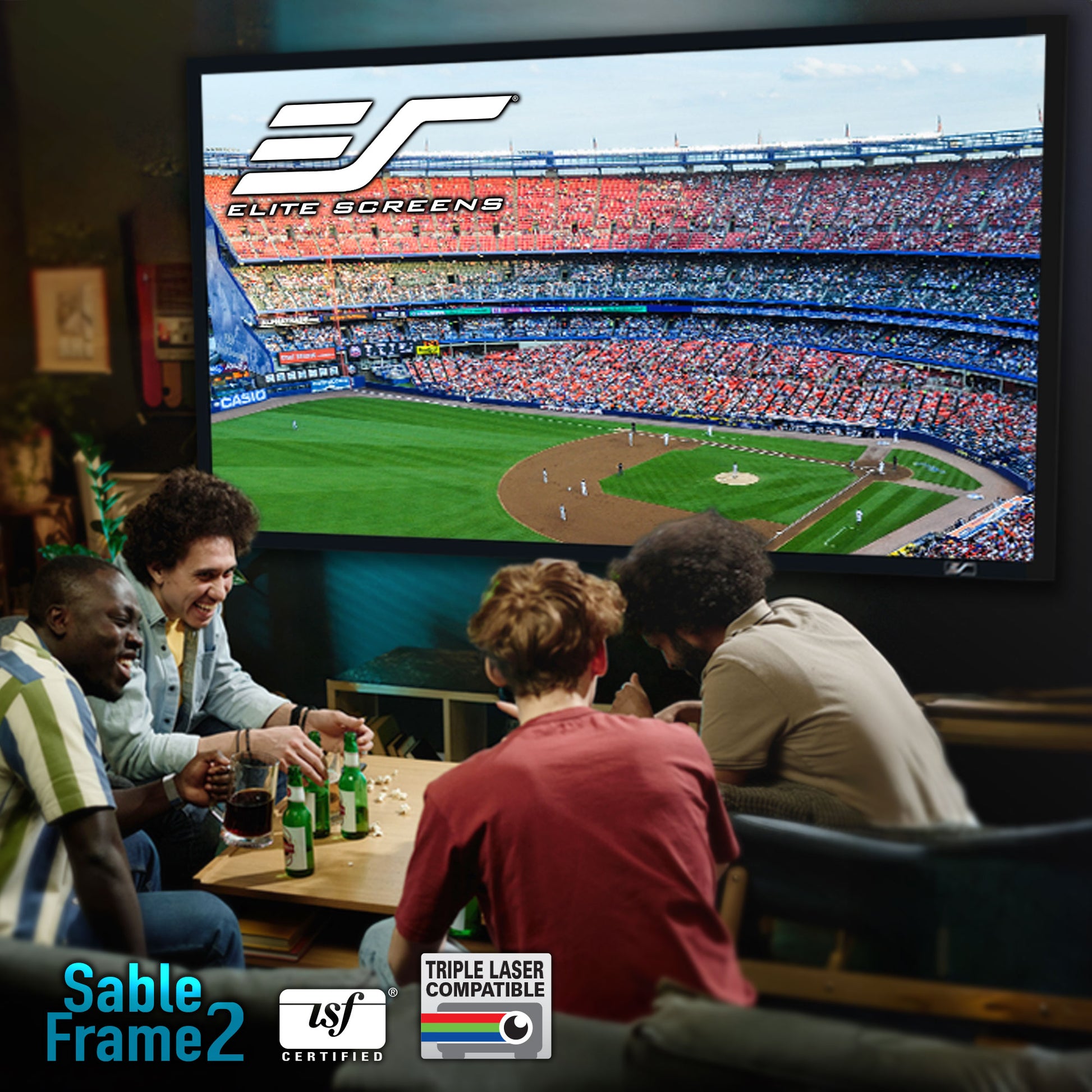Group of people watching a baseball game on a large screen TV in a room.