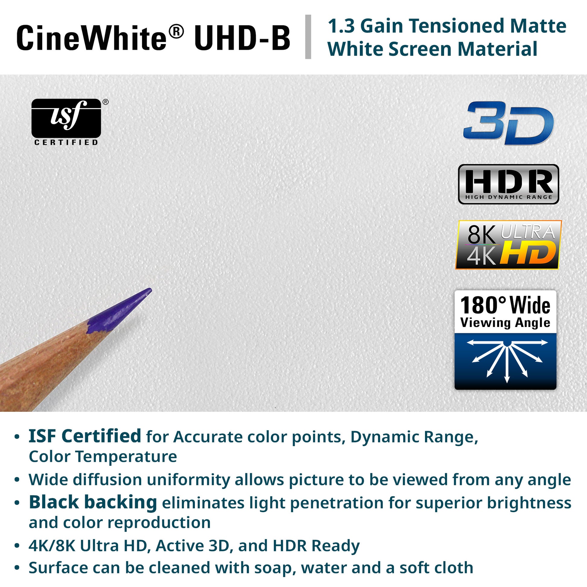 CineWhite UHD-B screen material with certification logos and features listed.