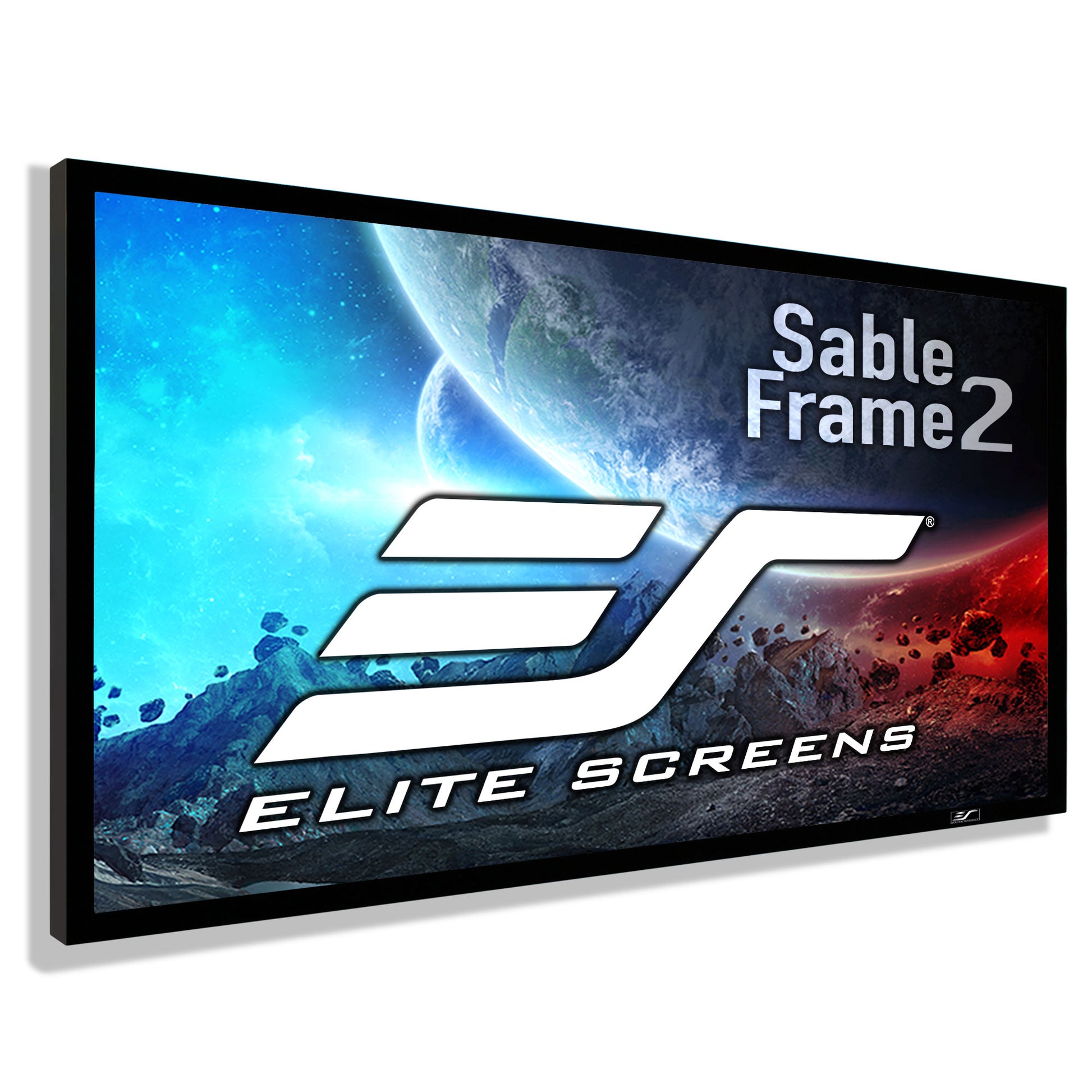 Elite Screens Sable Frame2 screen with space-themed design on a white background