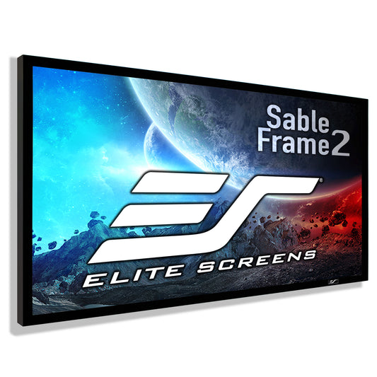 Elite Screens Sable Frame2 screen with space-themed design on a white background