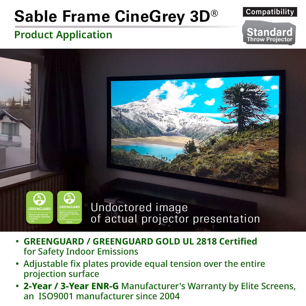 Projector screen with scenic display in a room, featuring Elite Screens Sable Frame CineGrey 3D product.