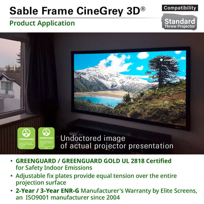 Projector screen with scenic display in a room, featuring Elite Screens Sable Frame CineGrey 3D product.