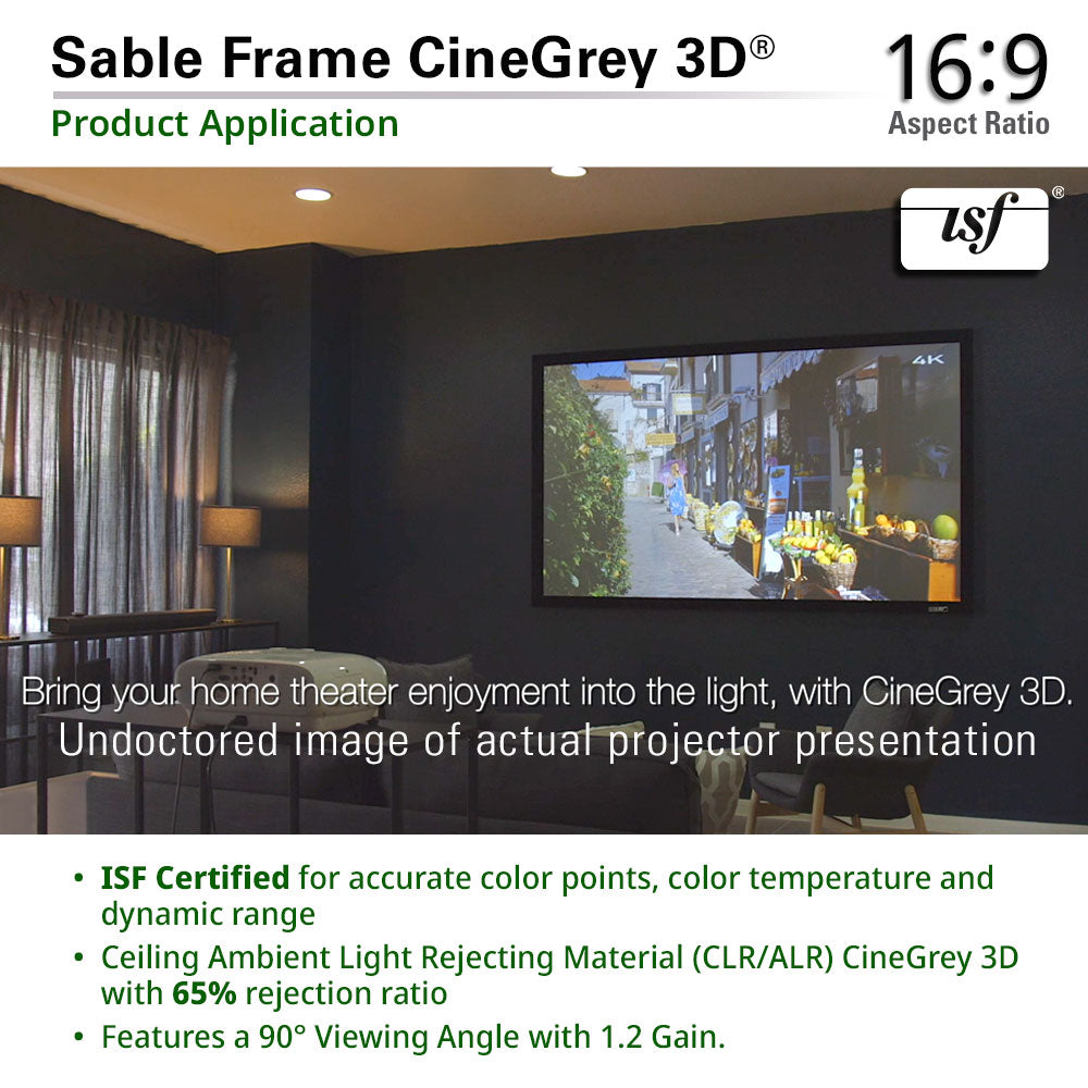 Home theater setup with a TV displaying a 4K image, featuring Sable Frame CineGrey 3D technology.