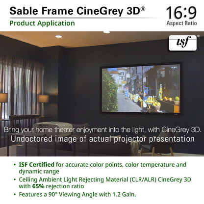 Home theater setup with a TV displaying a 4K image, featuring Sable Frame CineGrey 3D technology.