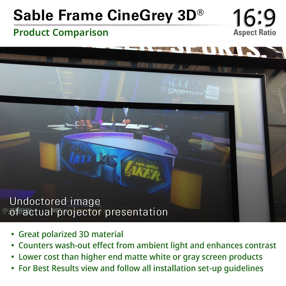 Sable Frame CineGrey 3D product comparison with a projected image of a sports arena.