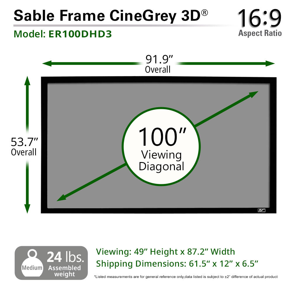 Sable Frame CineGrey 3D screen with dimensions and specifications