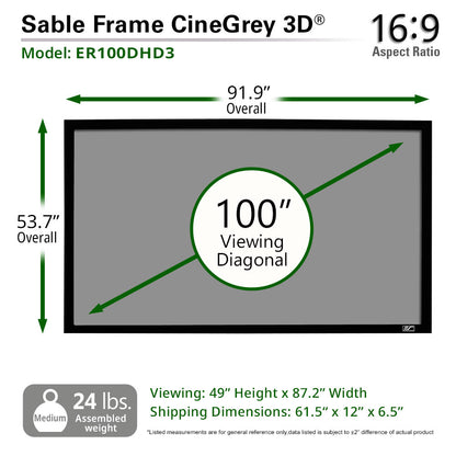 Sable Frame CineGrey 3D screen with dimensions and specifications
