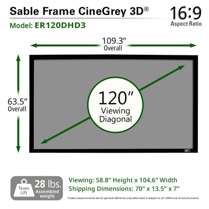 Sable Frame CineGrey 3D ER120DHD3 screen with dimensions and specifications.
