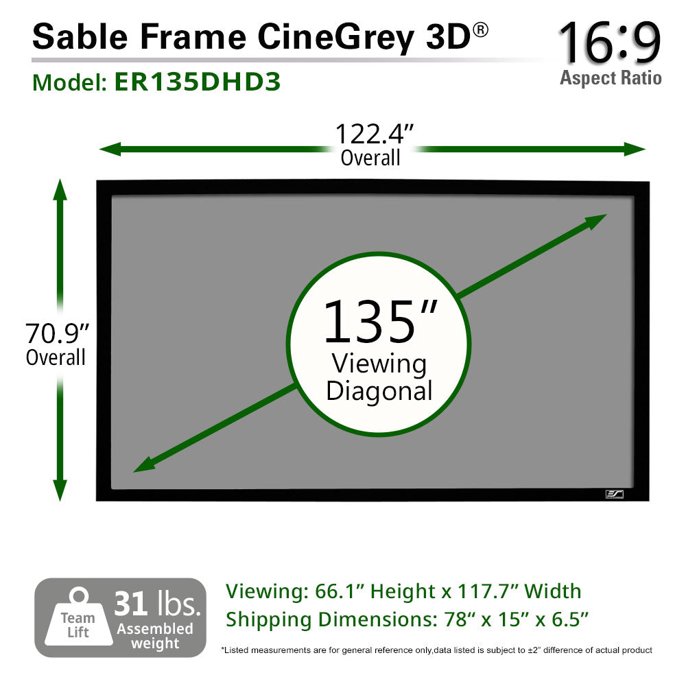 Sable Frame CineGrey 3D screen with dimensions and specifications