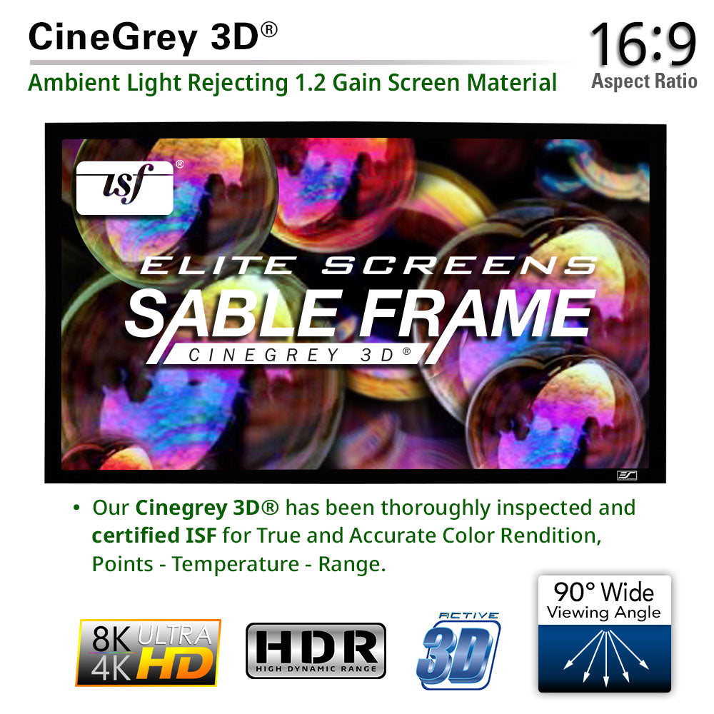 Advertisement for CineGrey 3D screen material with ISF logo and product features.