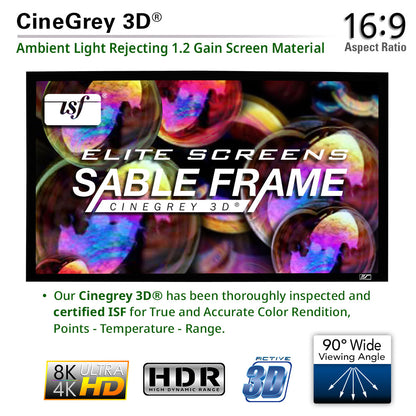 Advertisement for CineGrey 3D screen material with ISF logo and product features.