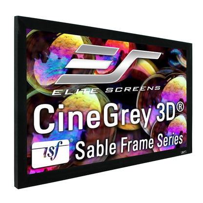 Elite Screens CineGrey 3D Sable Frame Series screen with colorful design and branding.