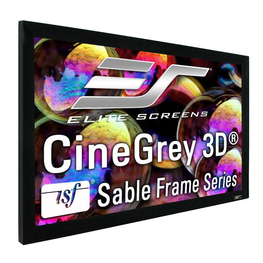 Elite Screens CineGrey 3D Sable Frame Series screen with colorful design and branding.