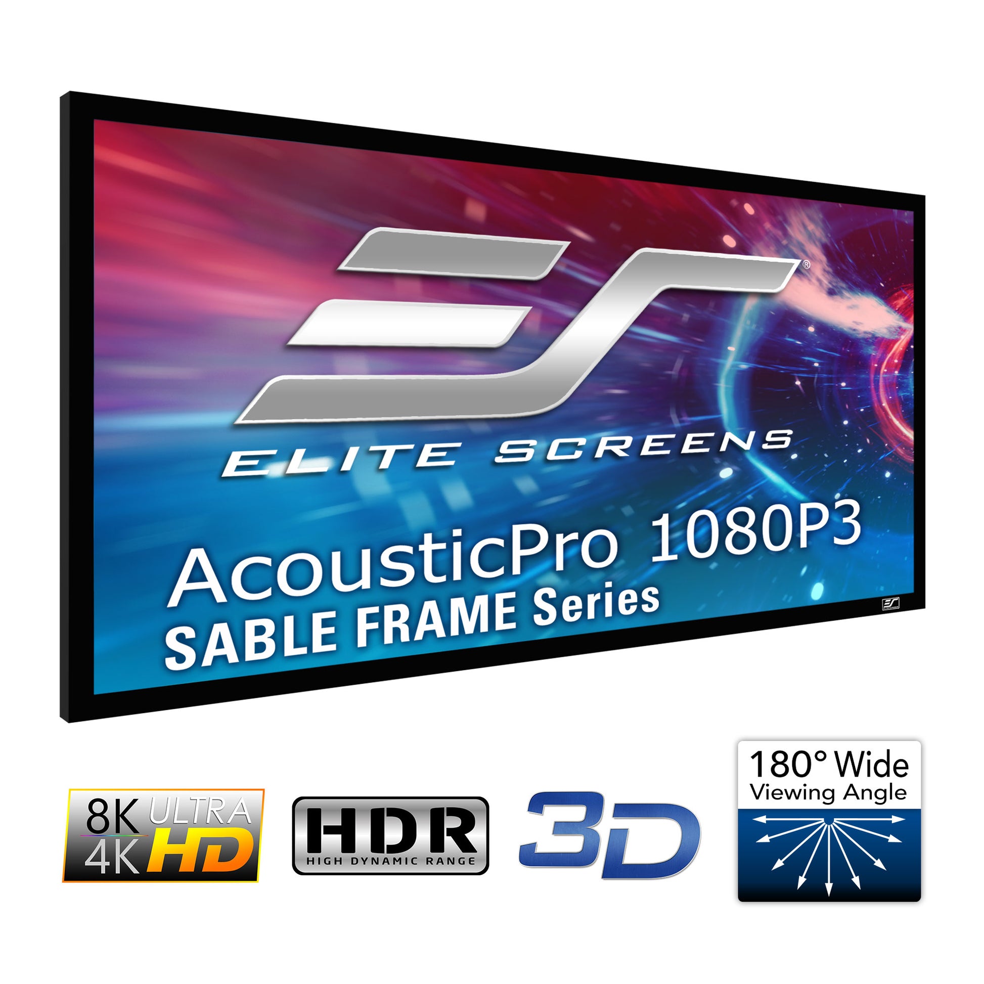 Elite Screens AcousticPro 1080P3 SABLE FRAME Series screen with features displayed on a white background