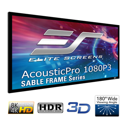 Elite Screens AcousticPro 1080P3 SABLE FRAME Series screen with features displayed on a white background