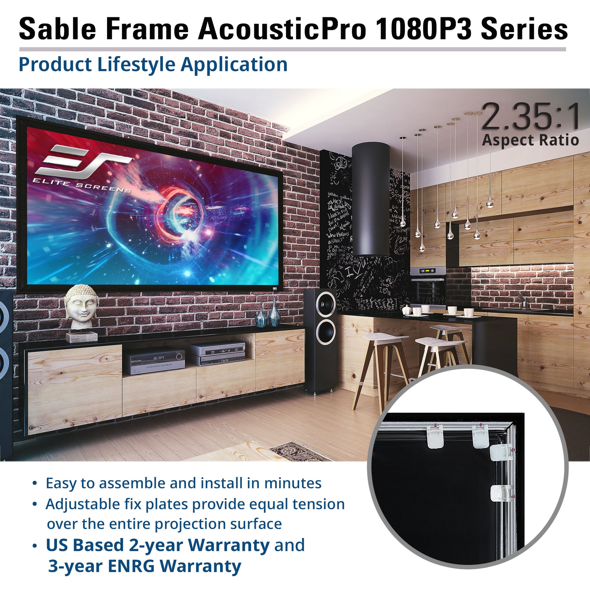 Sable Frame AcousticPro 1080P3 Series product lifestyle application in a home theater setting.