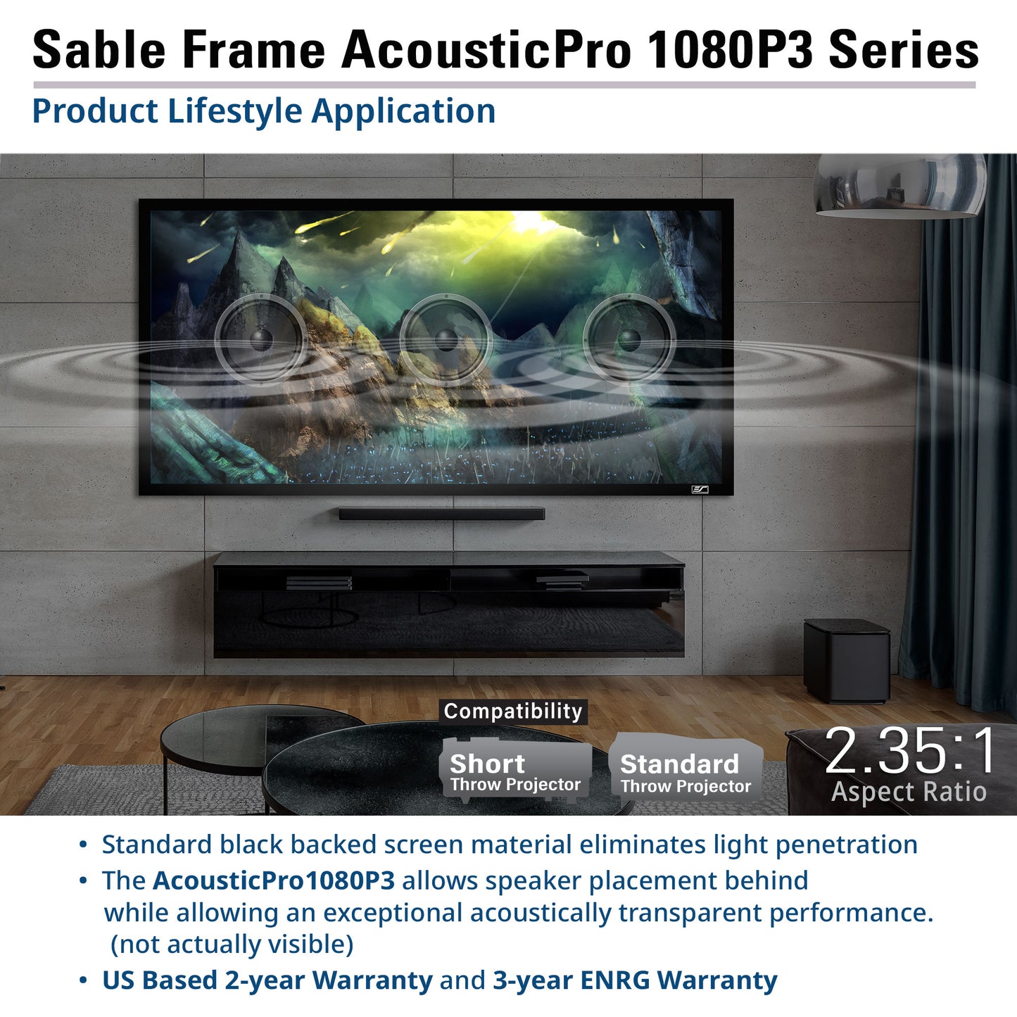 Television in a living room with Sable Frame AcousticPro 1080P3 Series display.