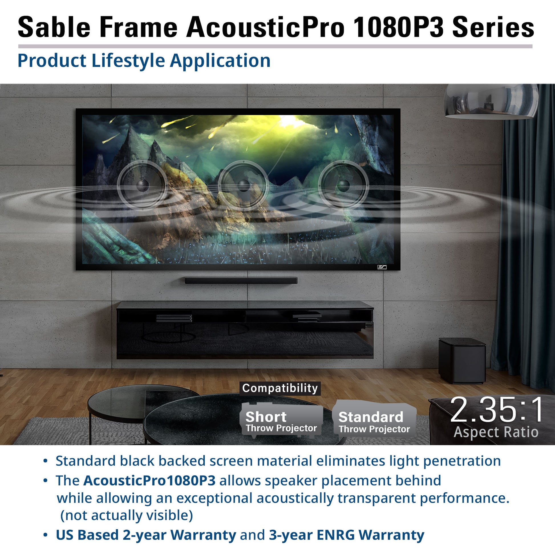 Television in a living room with Sable Frame AcousticPro 1080P3 Series display.