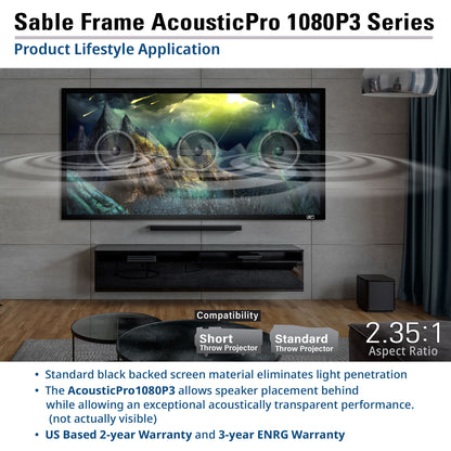 Television in a living room with Sable Frame AcousticPro 1080P3 Series display.