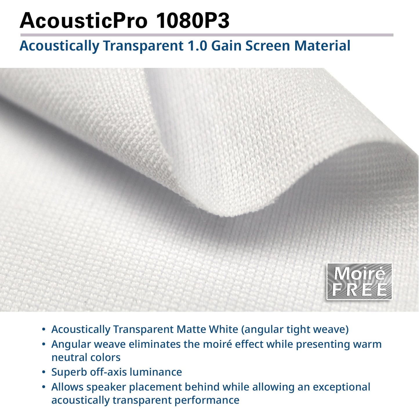 AcousticPro 1080P3 screen material with text detailing its features.