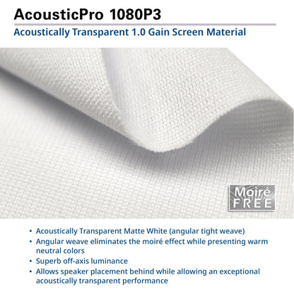 AcousticPro 1080P3 screen material with text detailing its features.