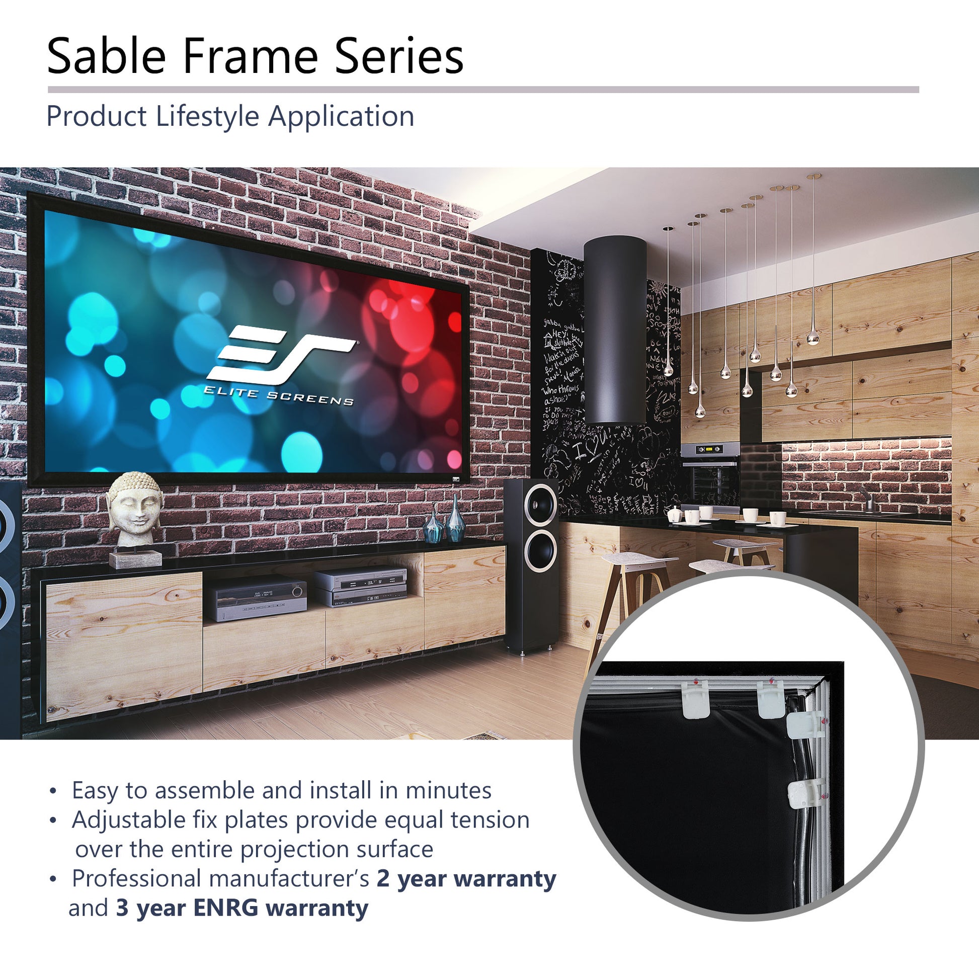 Living room setup with a large screen displaying Elite Screens logo, featuring a brick wall and wooden furniture.