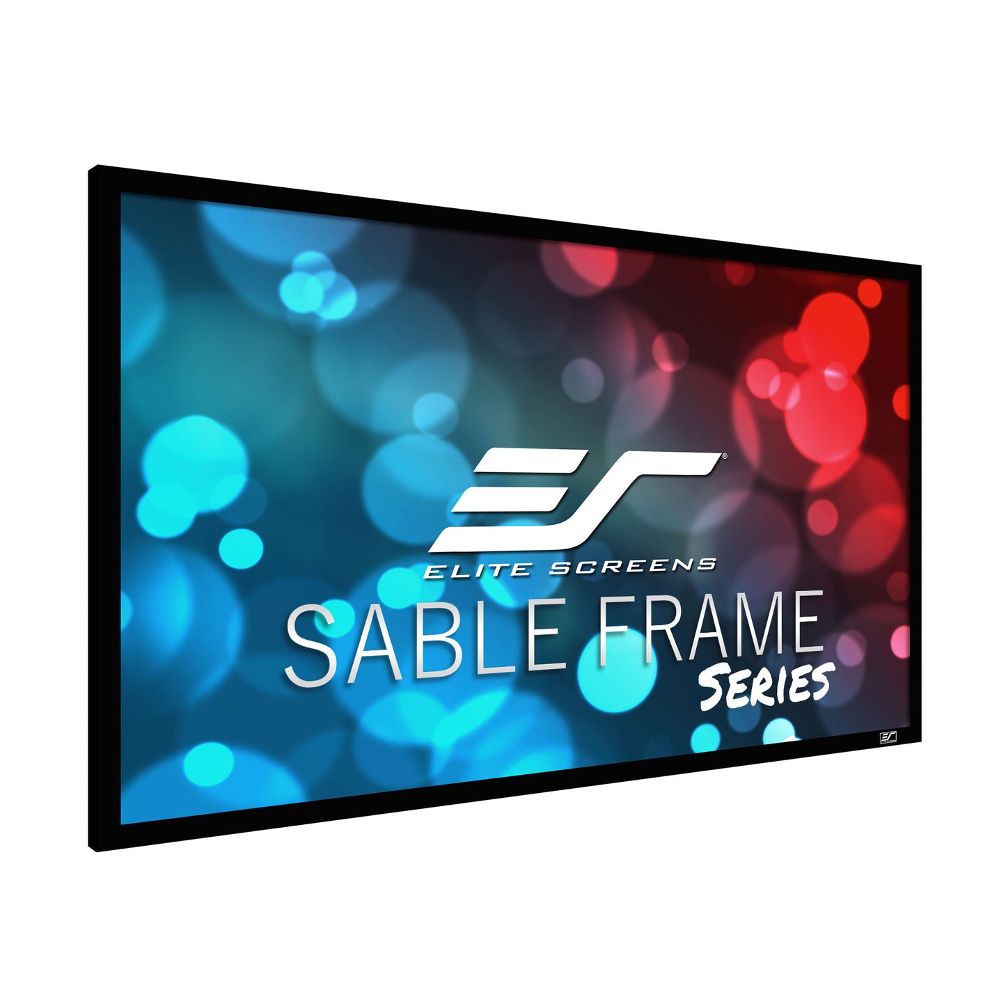 Elite Screens Sable Frame Series projection screen with colorful bokeh background