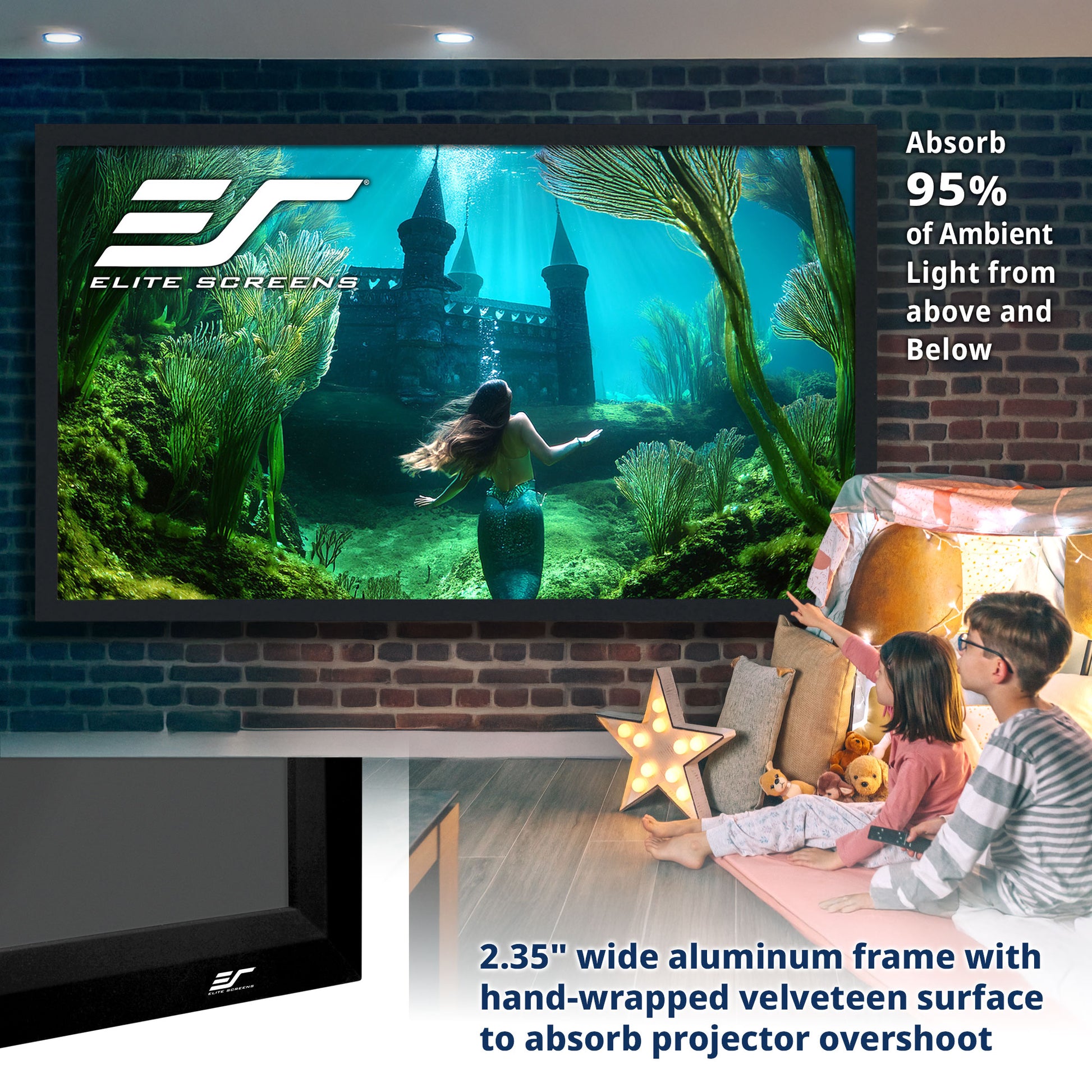 Children watching an underwater scene on a large screen with Elite Screens branding.
