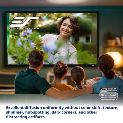 Family watching a movie on a large screen with Elite Screens logo.