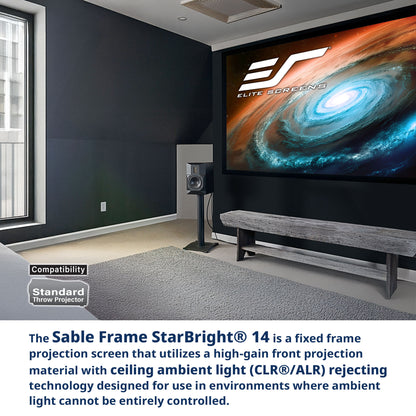 Home theater setup with Elite Screens Sable Frame StarBright 14 projection screen