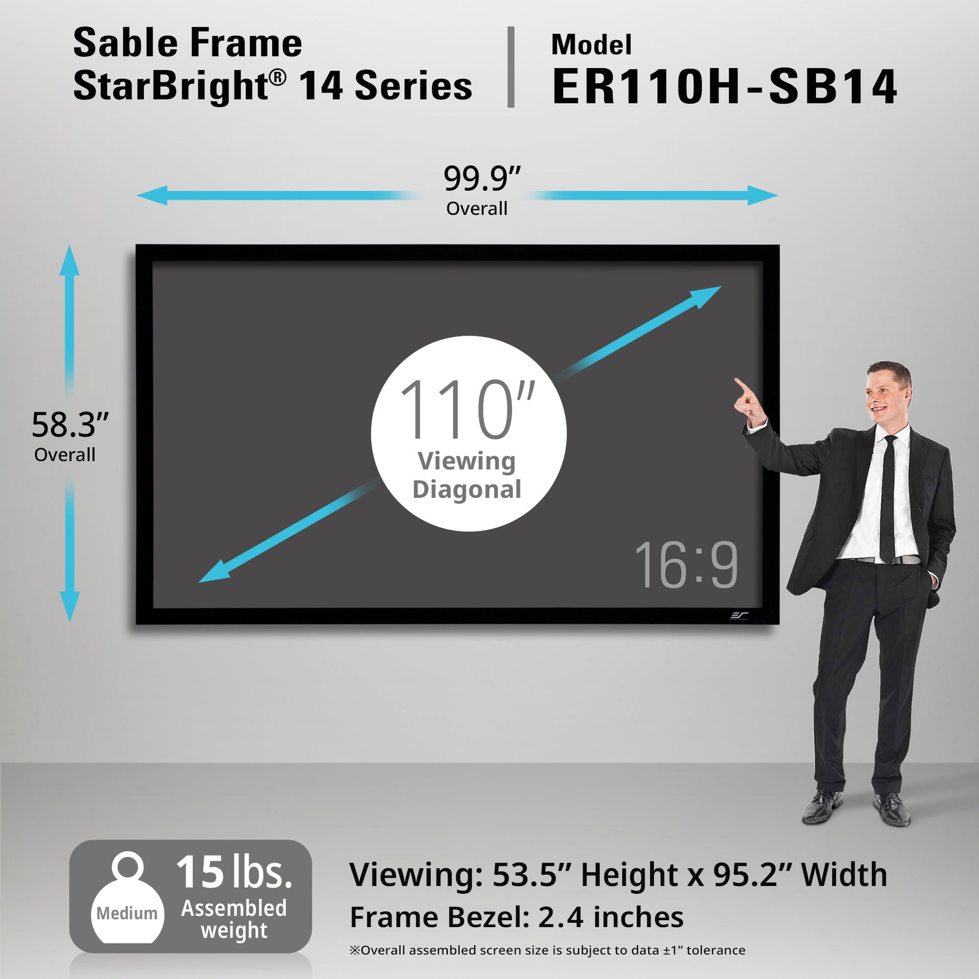 Sable Frame StarBright 14 Series model ER110H-SB14 with dimensions and weight information displayed.