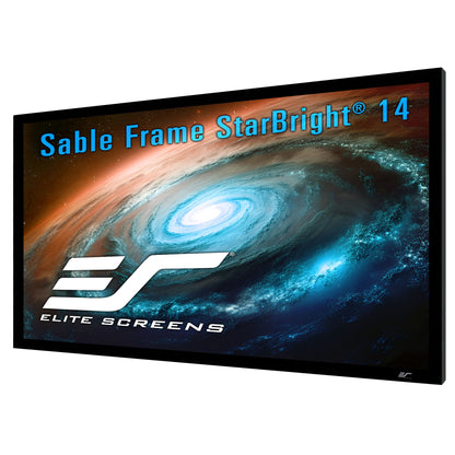 Elite Screens Sable Frame StarBright 14 screen with space-themed design on a white background