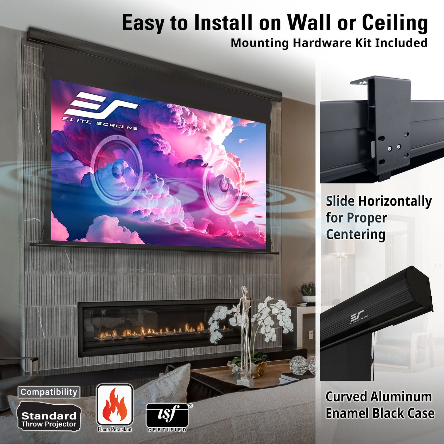 Elite Screens projector screen with mounting hardware kit included, displayed in a room setting.