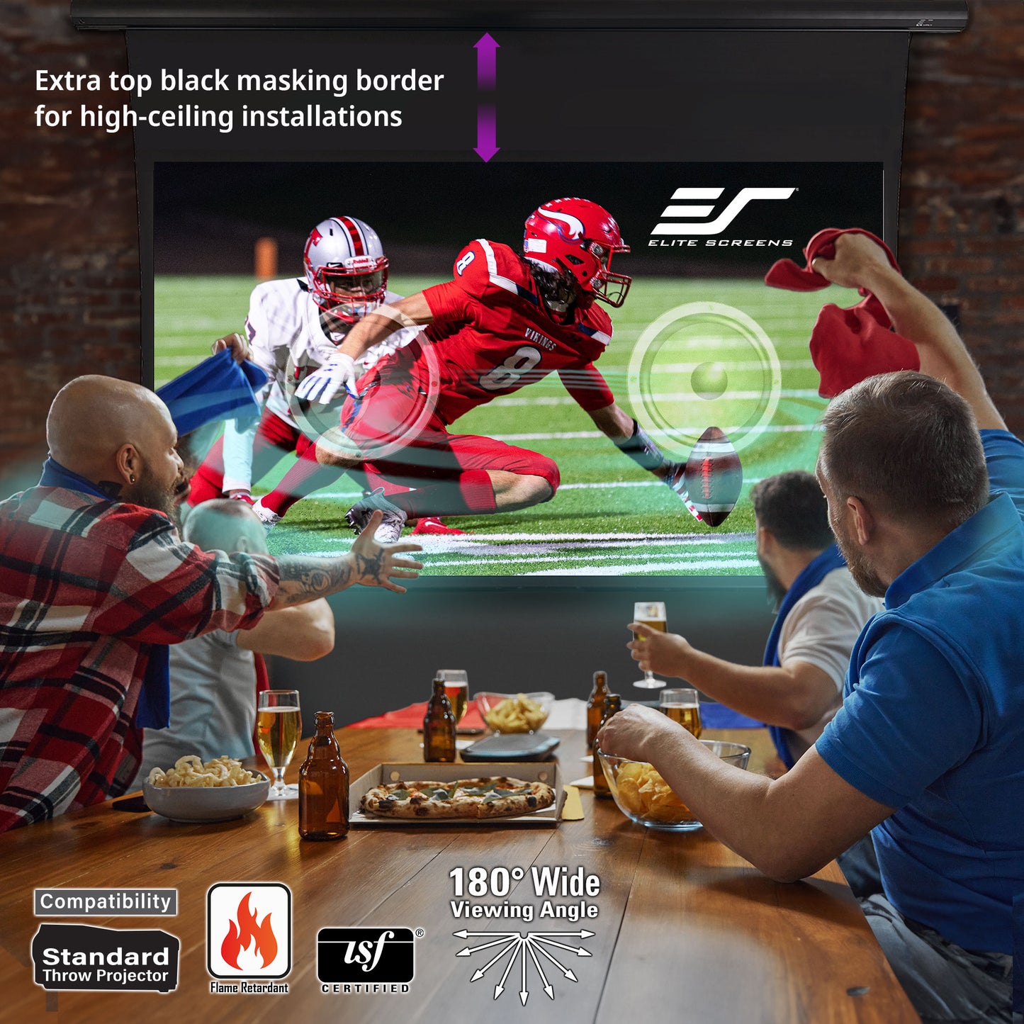 People watching a football game on a large screen with Elite Screens logo.