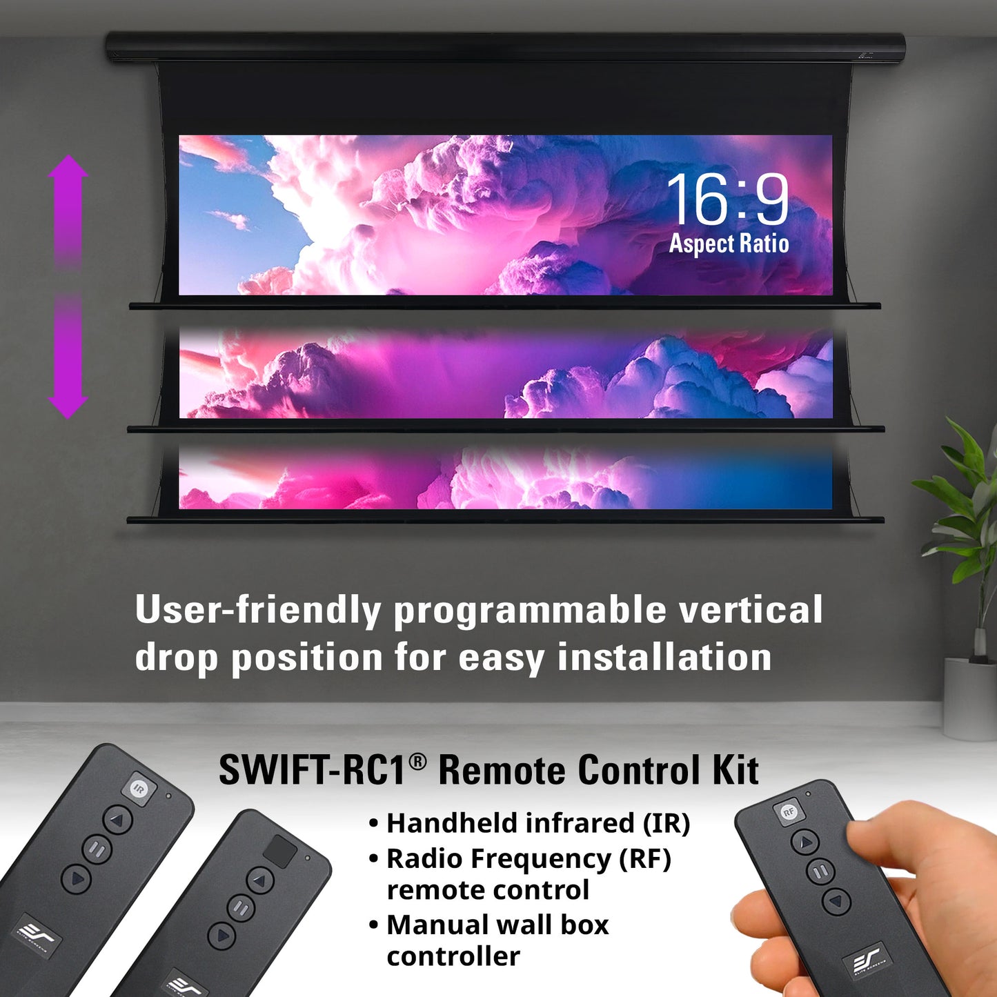 Projection screen with remote control kit on a gray background