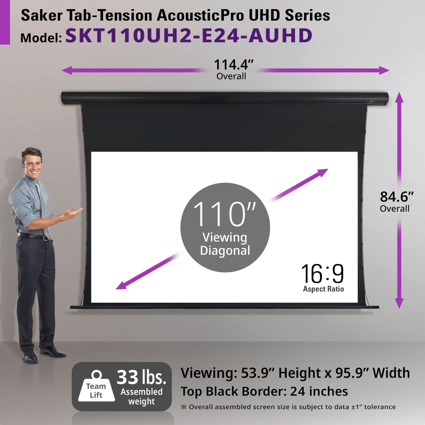 Saker Tab-Tension AcousticPro UHD Series projector screen with dimensions and specifications displayed.