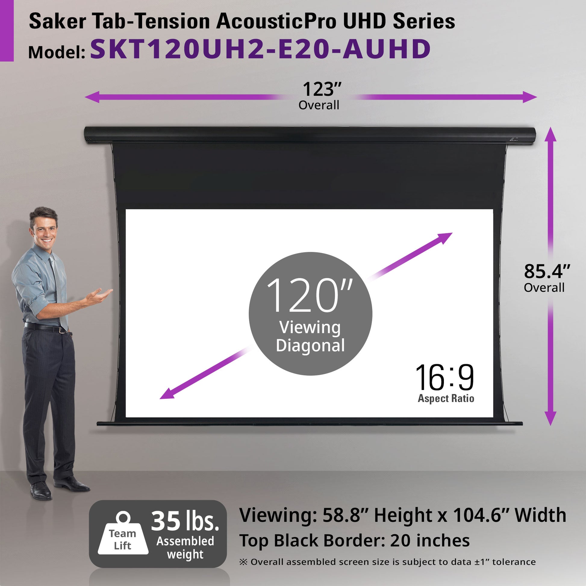 Saker Tab-Tension AcousticPro UHD Series projector screen with dimensions and features displayed.
