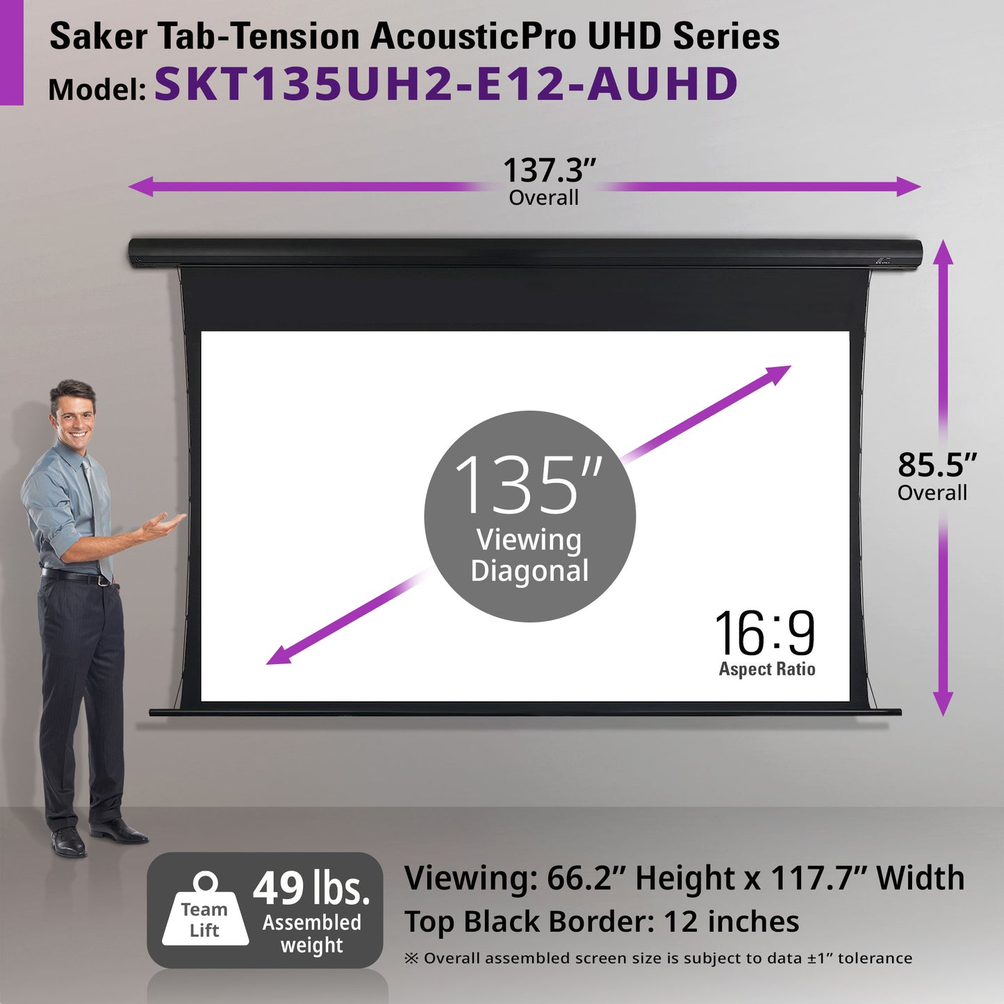 Saker Tab-Tension AcousticPro UHD Series projector screen with dimensions and specifications.