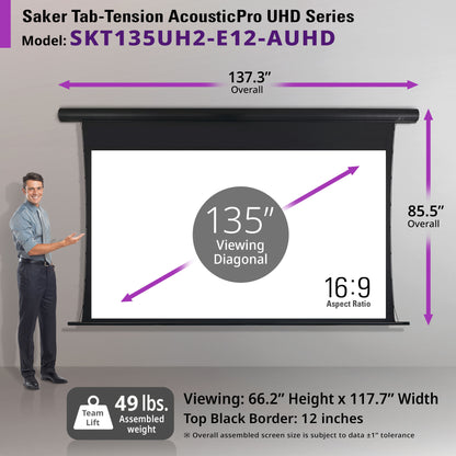 Saker Tab-Tension AcousticPro UHD Series projector screen with dimensions and specifications.