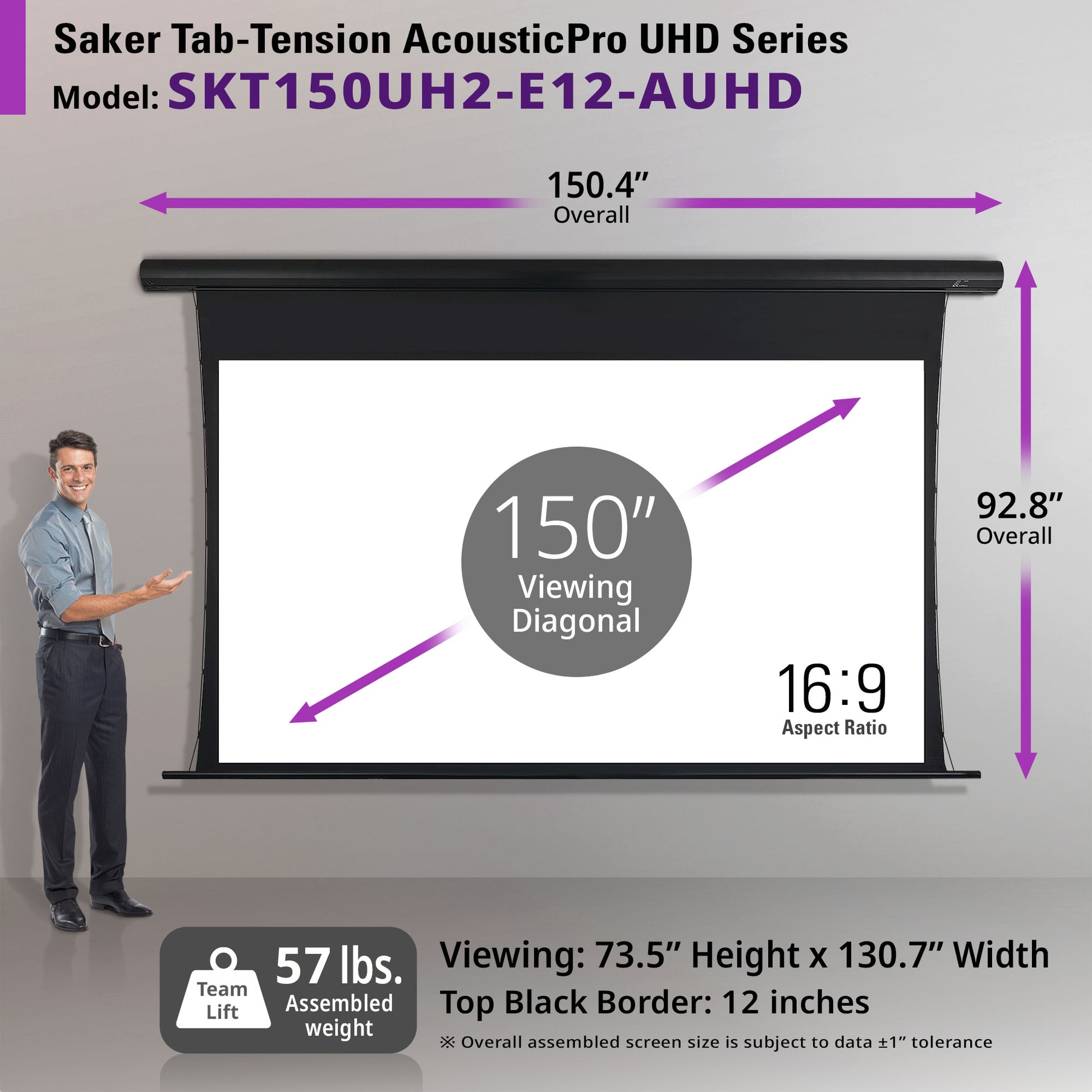 Saker Tab-Tension AcousticPro UHD Series projector screen with dimensions and features displayed.