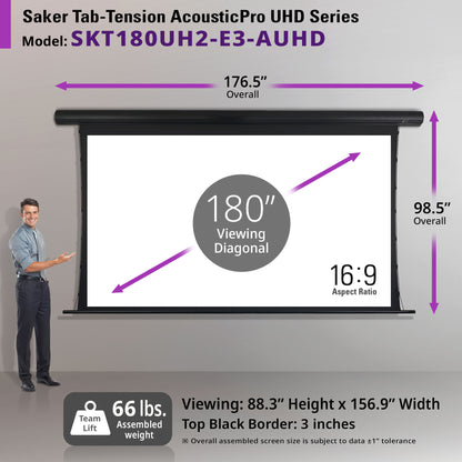 Saker Tab-Tension AcousticPro UHD Series projector screen with dimensions and features displayed.