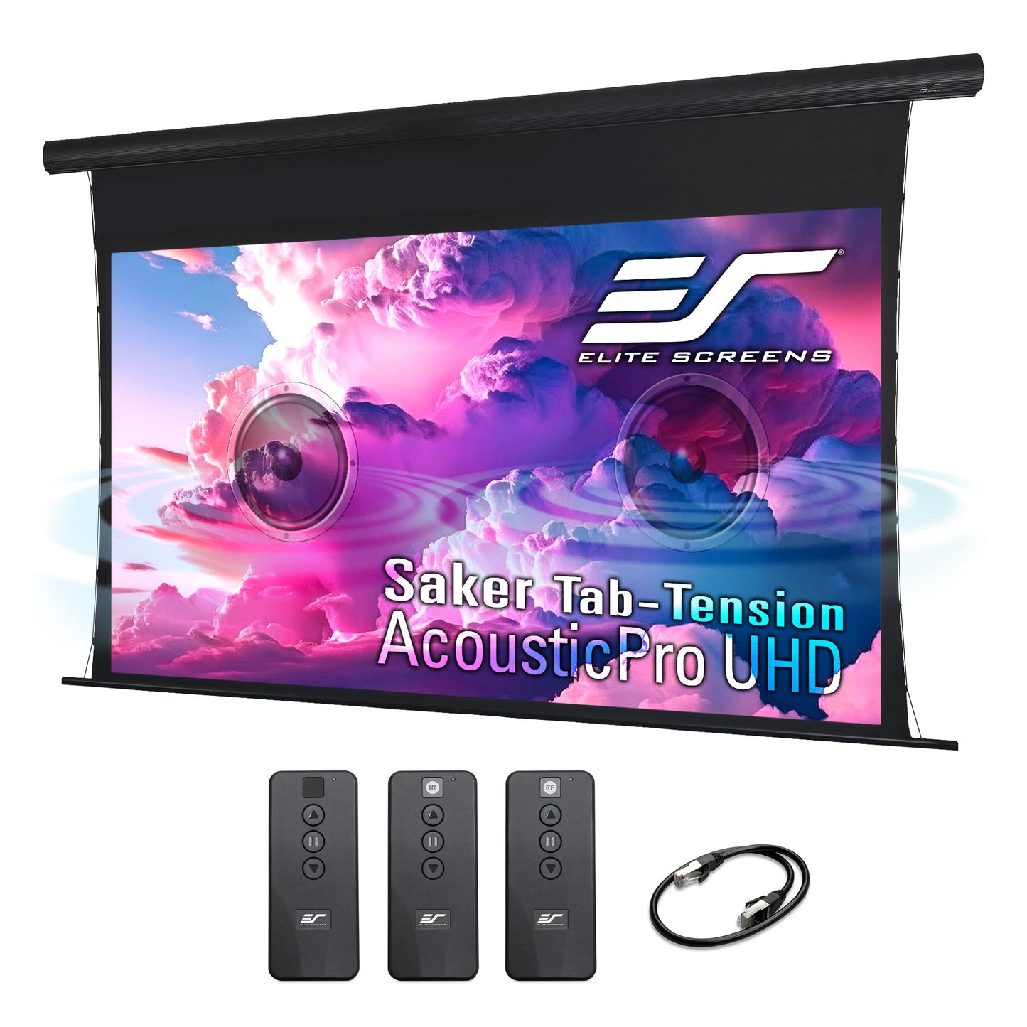 Elite Screens Saker Tab-Tension AcousticPro UHD projector screen with remote controls and cable on a white background
