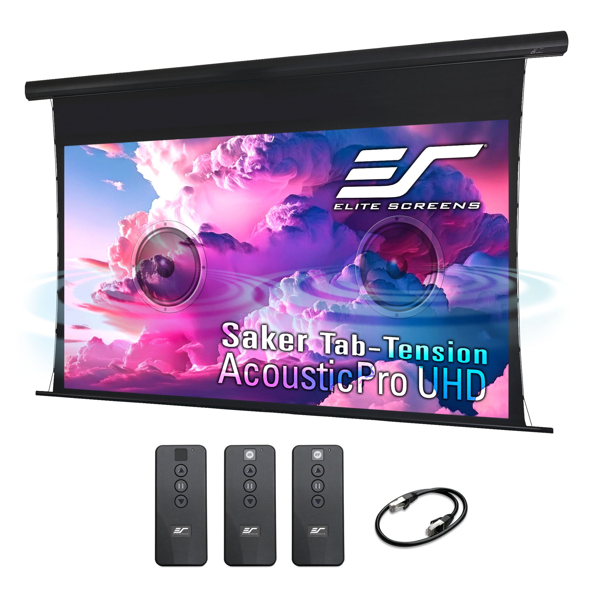 Elite Screens Saker Tab-Tension AcousticPro UHD projector screen with remote controls and cable on a white background
