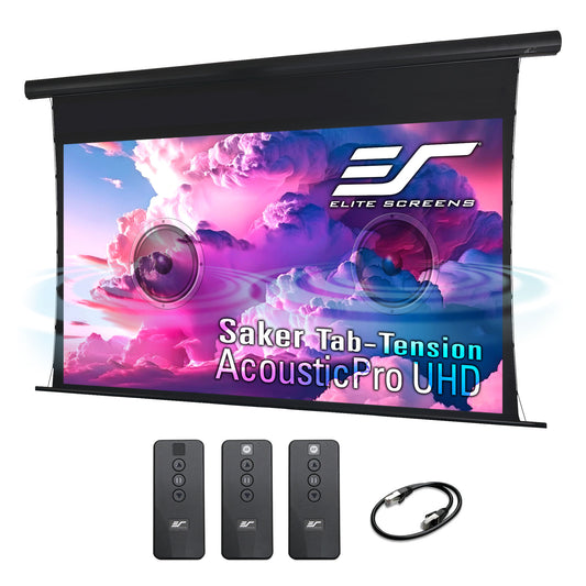 Elite Screens Saker Tab-Tension AcousticPro UHD projector screen with remote controls and cable on a white background