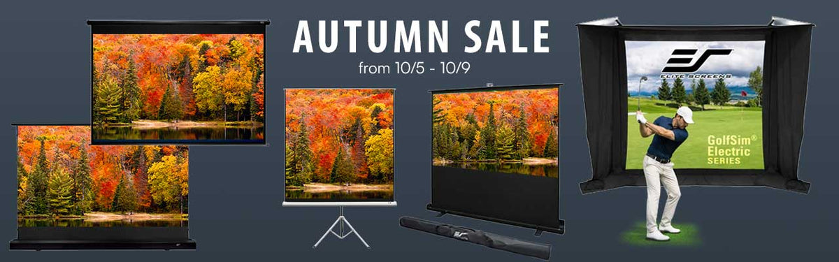Promotional banner for an EF GolfSim Electric Series golf simulator package, featuring multiple views of the black retractable screen and simulator frame, a golf course landscape display, and a golfer standing inside the simulator enclosure. The image includes 'AUTUMN SALE from 10/5 - 10/9' text on a dark gray background.